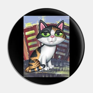 Beautiful Calico Kitty in front of buildings with colors Pin