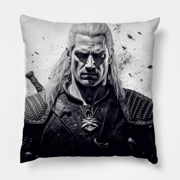 angry witcher with armor on white background Pillow by Maverick Media