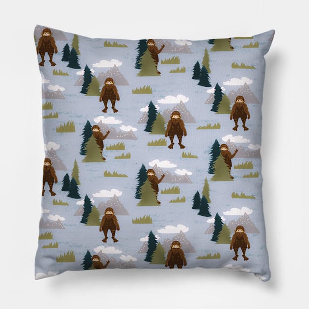 Big Foot Hide and Seek in the Mountains Blue Pillow by so_celia