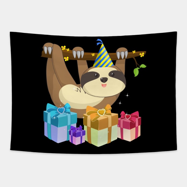 Cute Hanging Sloth With Birthday Hat Gift Idea Tapestry by TheBeardComic