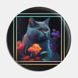 Puffy Chartreux Cat Vibrant Tropical Flower Digital Oil Painting Portrait Pin