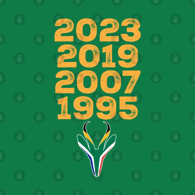 South Africa Four Time World Rugby Champs Vintage T-Shirt | Springbok Head & Flag 2023 2019 2007 1995 | Nou Gaan Ons Braai | Lekker by BraaiNinja