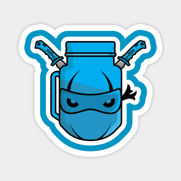 Ninja Mascot with Jar Mug and Metal Swords Sticker vector illustration. Food and drink object icon concept. Summer fresh juice sticker icon logo. Creative ninja juice sticker logo icon. Magnet by AlviStudio