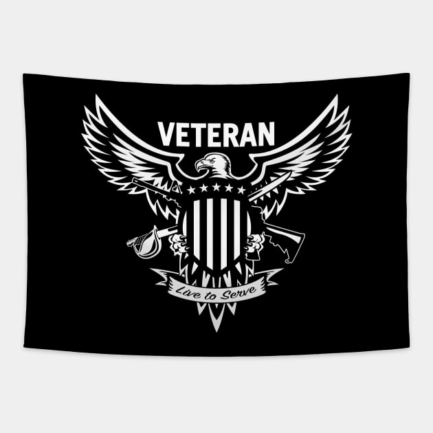 Veteran - Live to Serve Eagle with Stars and Stripes Shield Crossed Rifle and Sword Tapestry by hobrath