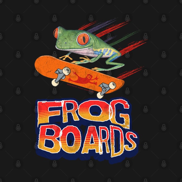 Cute and funny red eyed tree frog using a frog board to fly with leaping from skateboards tee by Danny Gordon Art