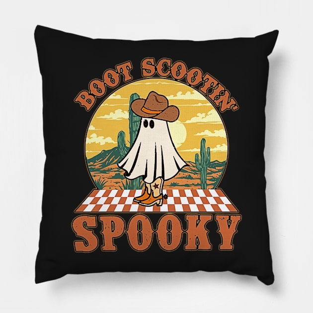 Vintage boot scot spooky cowboy ghost groovy retro halloween Pillow by masterpiecesai