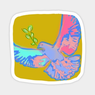 Pop art peace dove in teal and pink pastel colors on ochre yellow background Magnet