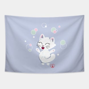 Happy cat playing with soap bubbles Tapestry