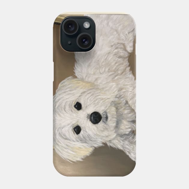 Maltese dog oil portrait. Little white dog with black button eyes and nose. Phone Case by KarenZukArt