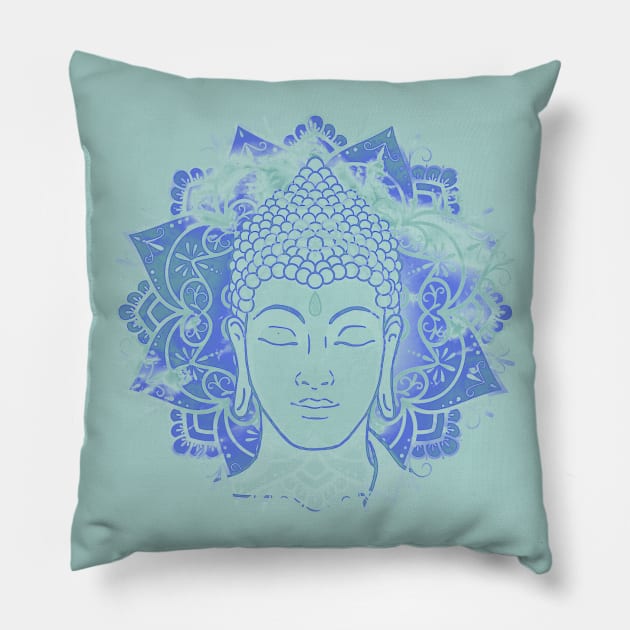 Buddha Face - Blue Mandala Pillow by MandalaSoul