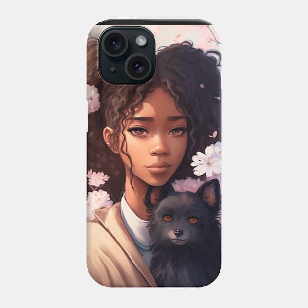 Floral Cute Anime black girl with her cute black dog Phone Case by GothicDesigns