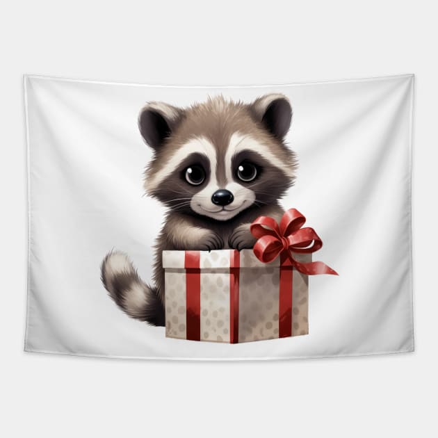 Baby Christmas Raccoon With Gift Tapestry by Chromatic Fusion Studio