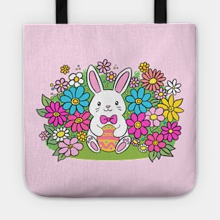 Adorable cartoon easter bunny holding a colourful egg surrounded by flowers Tote