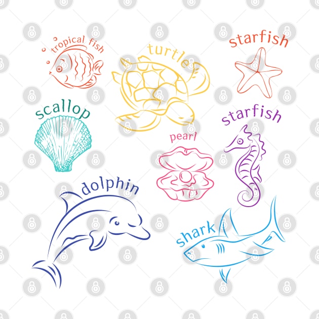 sea animal,Under the Sea,turtle,starfish,pearl, shark,dolphin,sea horse by zzzozzo