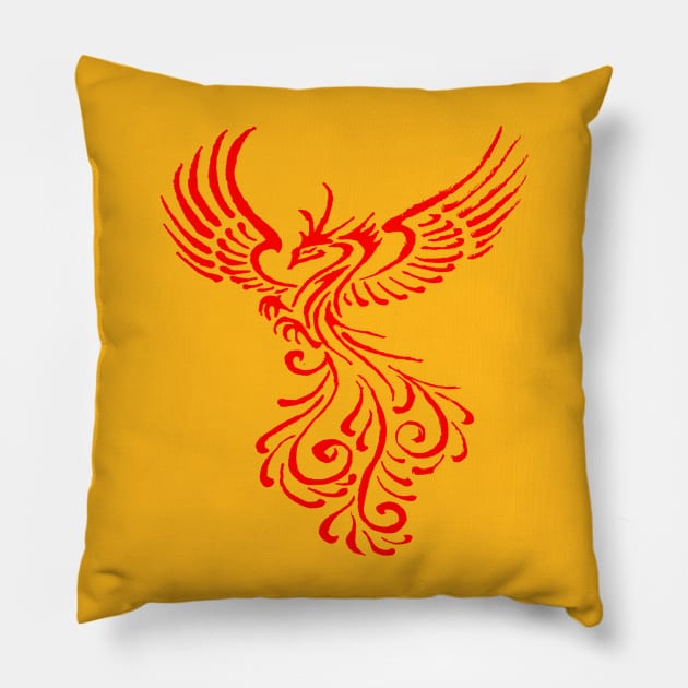 Fictional Phoenix Creature In Flight Artistic Illustration Red Pillow by taiche