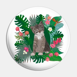 Cute cat and tropical flowers hand drawn pattern Pin