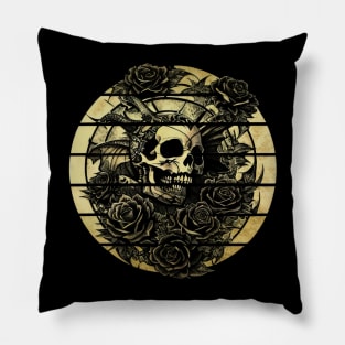 Black Roses and Skull - Vintage Tattoo Drawing Pillow