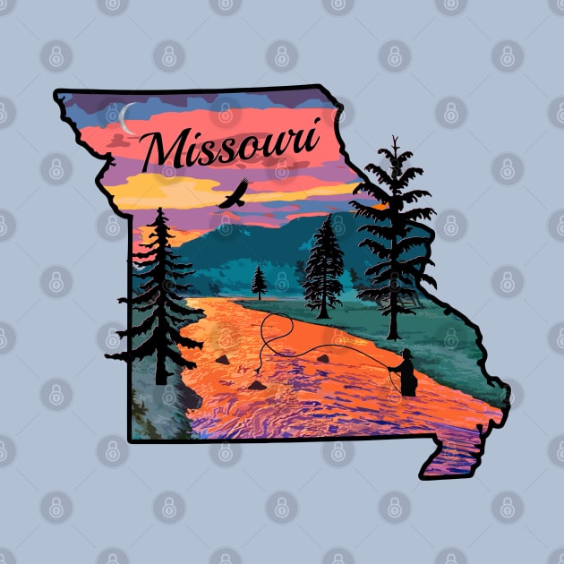 Fly Fishing Missouri State Map Mountain Sunset River Retro by TeeCreations