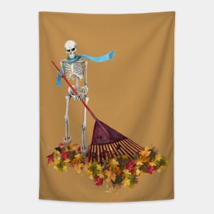 Skeleton Raking Leaves Tapestry