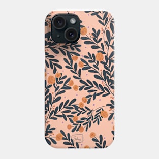 orange rose flower with blue leaves, botanical illustration pattern in orange backgdound Phone Case