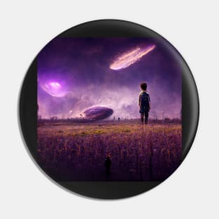 boy standing in apocalyptic field Pin