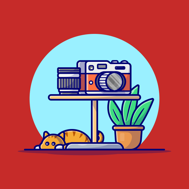 Camera And Lens On the Table With Cat Cartoon Vector Icon Illustration by Catalyst Labs