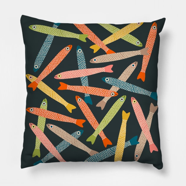 ANCHOVIES Bright Graphic Fun Groovy Fish in Vintage Orange Yellow Pink Blue Green Beige on Charcoal - Tossed Layout - UnBlink Studio by Jackie Tahara Pillow by UnBlink Studio by Jackie Tahara