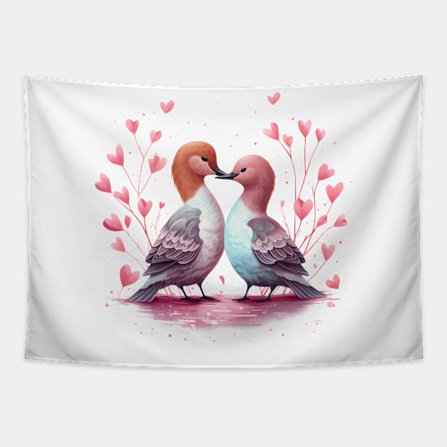 Valentine Kissing Northern Pintail Bird Couple Tapestry by Chromatic Fusion Studio