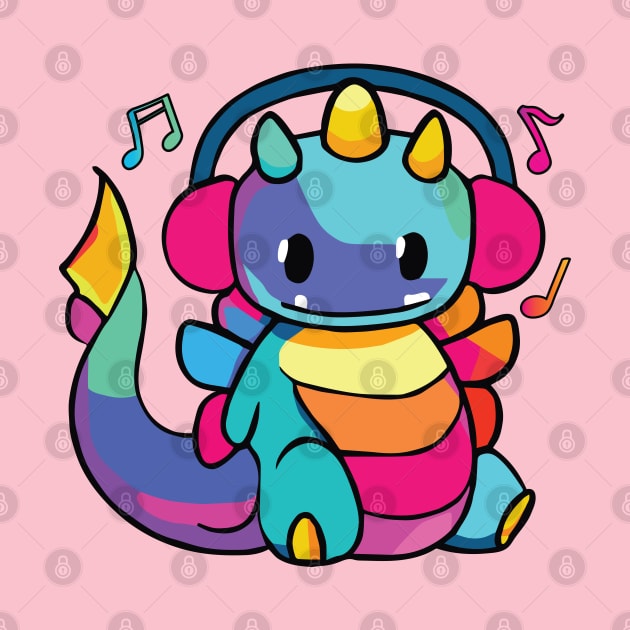 Happy dragon or dinosaur with headphones by SPJE Illustration Photography