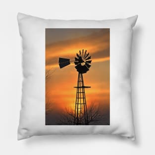 Kansas Windmill silhouette with a Golden sky. Pillow