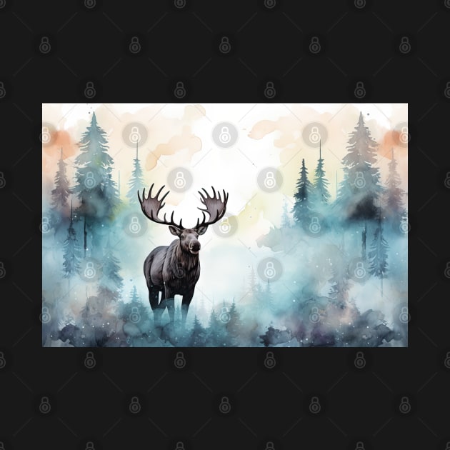 Misty boreal watercolor moose by etherElric
