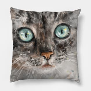 Chaotic Painting of a Grey and White Cat with Gorgeous Light Blue Eyes Pillow