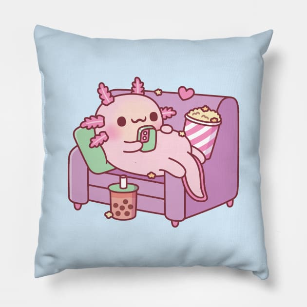 Cute Axolotl Chilling With Handphone Bubble Tea And Popcorn Pillow by rustydoodle