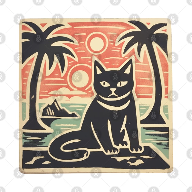 Black Cat Lino Cut Hawaiian Sunset by Kona Cat Creationz