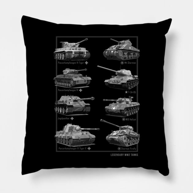 WW2 tanks M4 Sherman T-34 Tiger I Firefly Phanter Pillow by Jose Luiz Filho