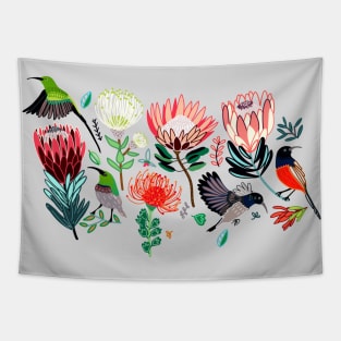 Sunbirds & Proteas On Grey Tapestry