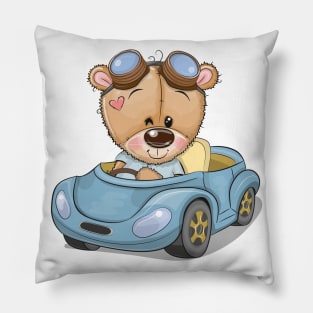 Cute teddy bear sitting behind the wheel of a car Pillow