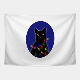 Christmas Lights Black Cat Tapestry