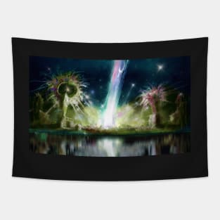 Cosmic Light Beam Skyline - Abstract Art Tapestry