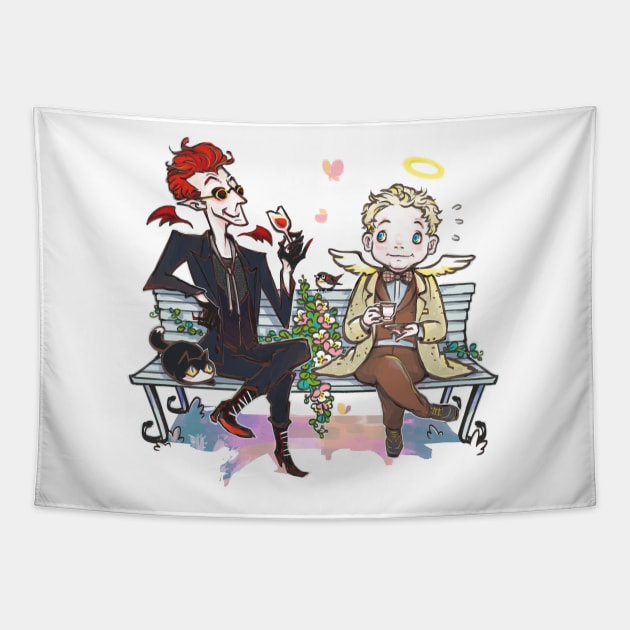 Crowley and Aziraphale sitting on a bench Tapestry by foosweechin