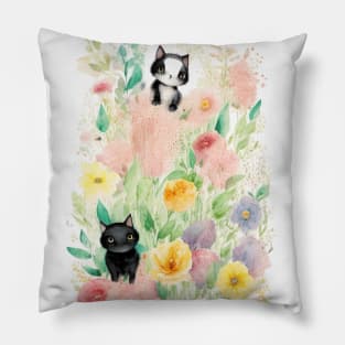 Black Cats in the Flower Garden Soft Pastel Colors Pillow