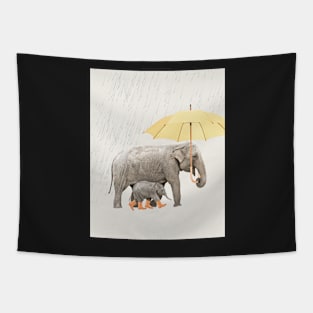 Elephant mother and baby under the rain Tapestry