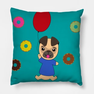 Flying pug dog on a balloon with donuts in the magical sky Pillow