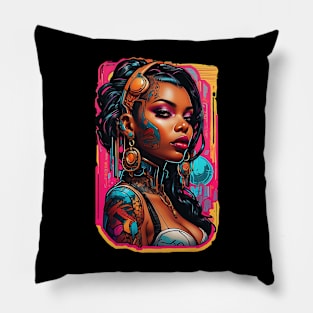 Cyberpunk Futuristic Black girl neon city gaming design Pillow