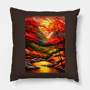 Stained Glass Autumn Mountain Scenery Pillow