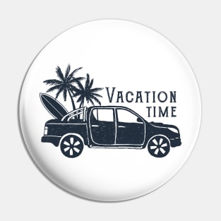 Pickup With Surfboard, Palms. Summer, Travel, Adventure. Vacation Time. Creative Illustration Pin