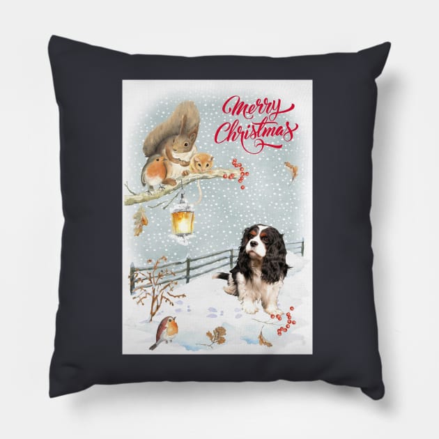 Tri Color Cavalier King Charles Spaniel Merry Christmas Santa Dog Pillow by Puppy Eyes