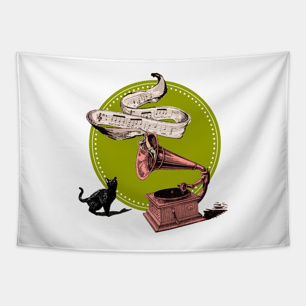 The Cat and the Song (Green Circle) Tapestry by BessoChicca