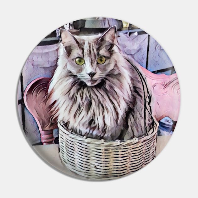 Grey Green Eyed Cat In Basket Pin by PandLCreations