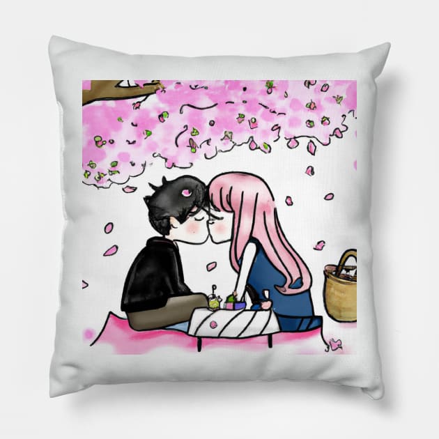 Cute Anime Couple Kissing Under Cherry Blossoms Pillow by Multiplanetary Studios